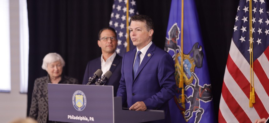 Congressman Brendan Boyle speaks at a July 2024 press conference in Philadelphia.