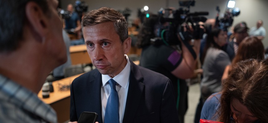 Democratic National Committee Chair Ken Martin speaks with reporters in August 2025.