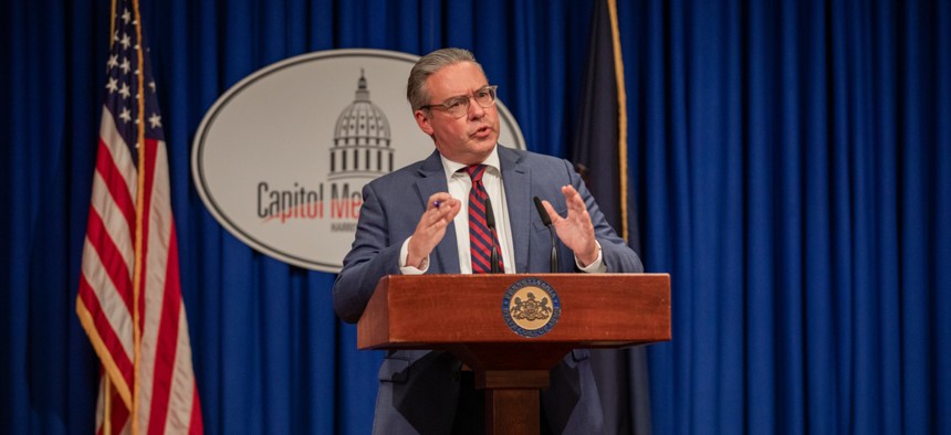 Pennsylvania Secretary of State Al Schmidt speaks to reporters on election night.