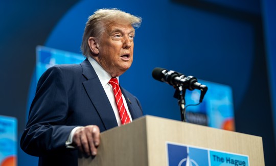 President Donald Trump speaks at a press conference in July 2025.