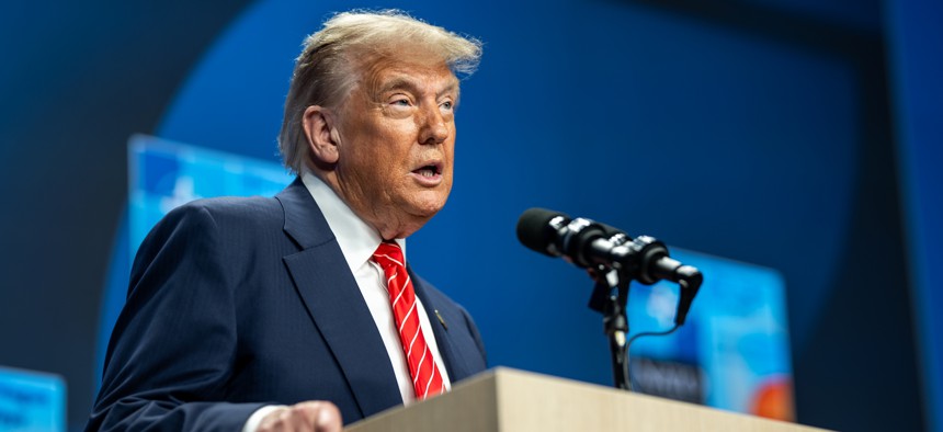 President Donald Trump speaks at a press conference in July 2025.