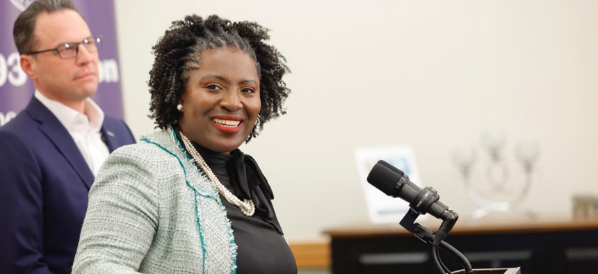 Speaker Joanna McClinton speaks at a November 2025 press conference in Harrisburg.