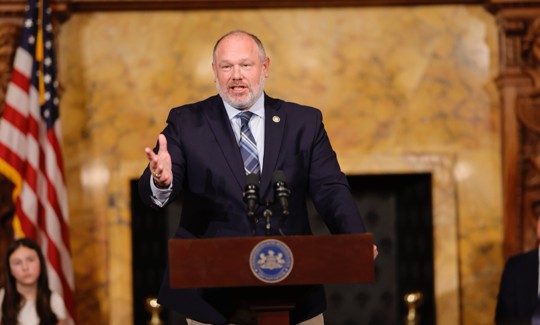 Pennsylvania House Republican Leader Jesse Topper speaks at an April 2025 event in Harrisburg. 