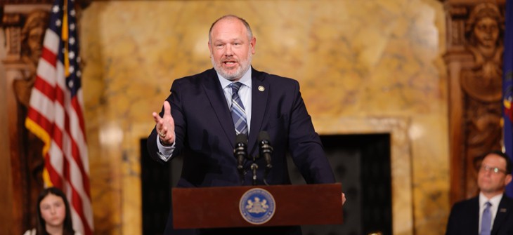 Pennsylvania House Republican Leader Jesse Topper speaks at an April 2025 event in Harrisburg. 