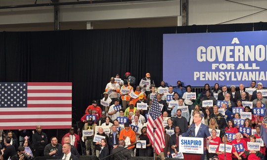 Gov. Josh Shapiro, at lectern, launched his reelection bid in Philadelphia on Thursday night.