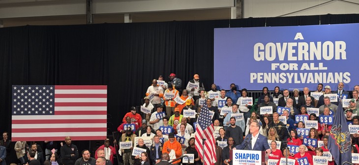Gov. Josh Shapiro, at lectern, launched his reelection bid in Philadelphia on Thursday night.