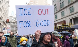 Protesters gather outside of the ICE field office in Philadelphia during a protest against ICE and the killing of Renee Good on Saturday, January 10, 2025.