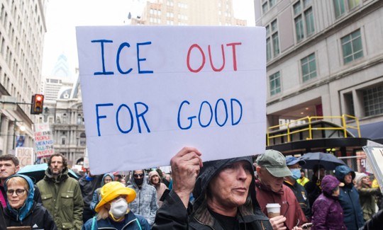 Protesters gather outside of the ICE field office in Philadelphia during a protest against ICE and the killing of Renee Good on Saturday, January 10, 2025.