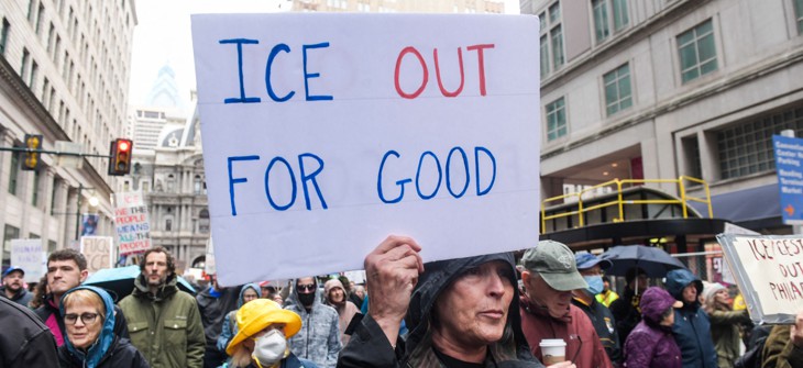 Protesters gather outside of the ICE field office in Philadelphia during a protest against ICE and the killing of Renee Good on Saturday, January 10, 2025.