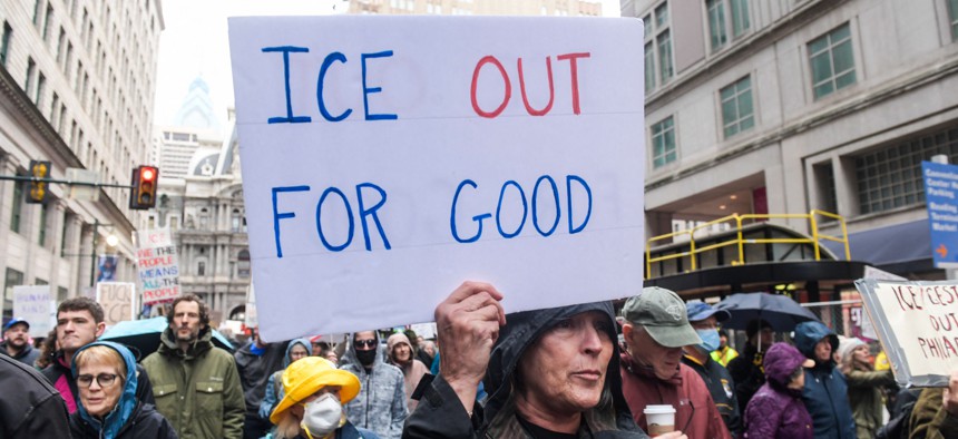 Protesters gather outside of the ICE field office in Philadelphia during a protest against ICE and the killing of Renee Good on Saturday, January 10, 2025.