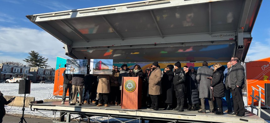 Philadelphia Mayor Cherelle Parker speaks from a podium about her latest affordable housing initiative on Jan. 21, 2026.