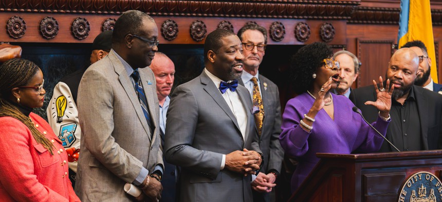Mayor Cherelle Parker and Council President Kenyatta Johnson speak during an affordable housing press conference on Jan. 20, 2026. 