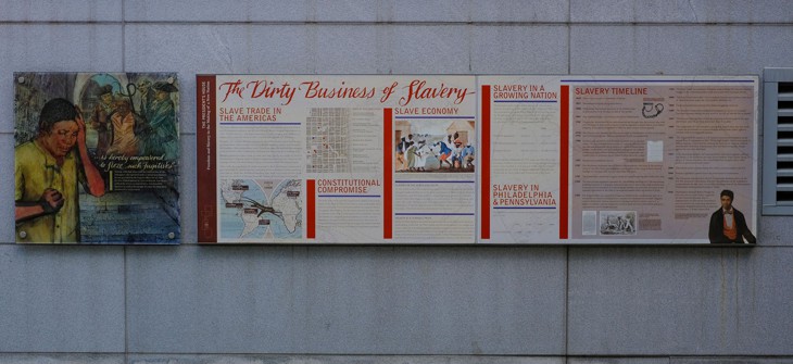 Signage about slavery is displayed at Independence National Historical Park.