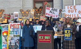Philadelphia City Councilwoman Kendra Brooks, with her colleague, Rue Landau, at left, introduced ICE OUT legislation at City Hall.