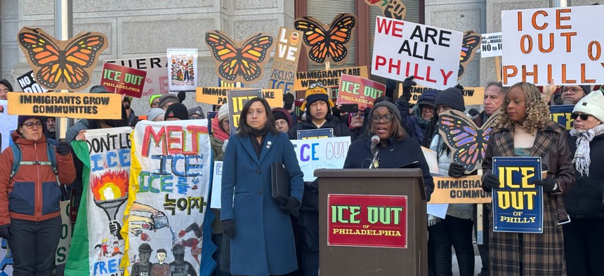 Philadelphia City Councilwoman Kendra Brooks, with her colleague, Rue Landau, at left, introduced ICE OUT legislation at City Hall.
