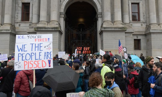 Protesters gather outside of Philadelphia City Hall during a protest against ICE and the killing of Renee Good on Saturday, January 10, 2025.
