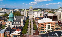 A view of State Street and the Pennsylvania Capitol in Harrisburg.