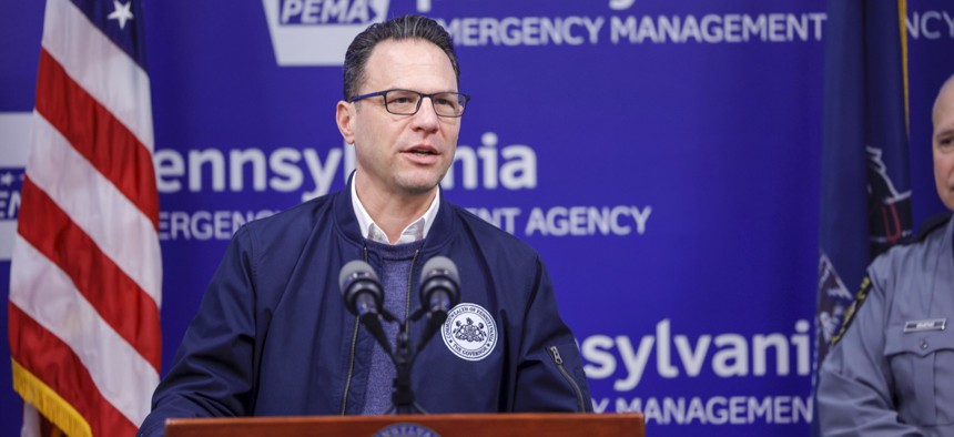 Gov. Josh Shapiro speaks at a February press conference. 