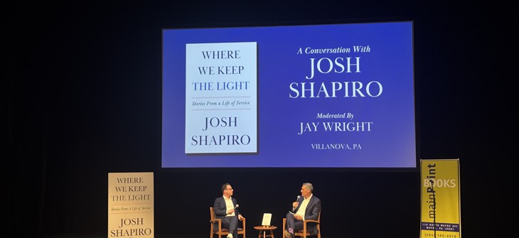 Gov. Josh Shapiro, left, talks with former Villanova basketball coach Jay Wright on Saturday, Feb. 28, 2026.