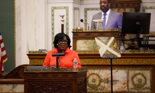 Philadelphia Mayor Cherelle Parker delivers her budget remarks to City Council on March 24, 2025 