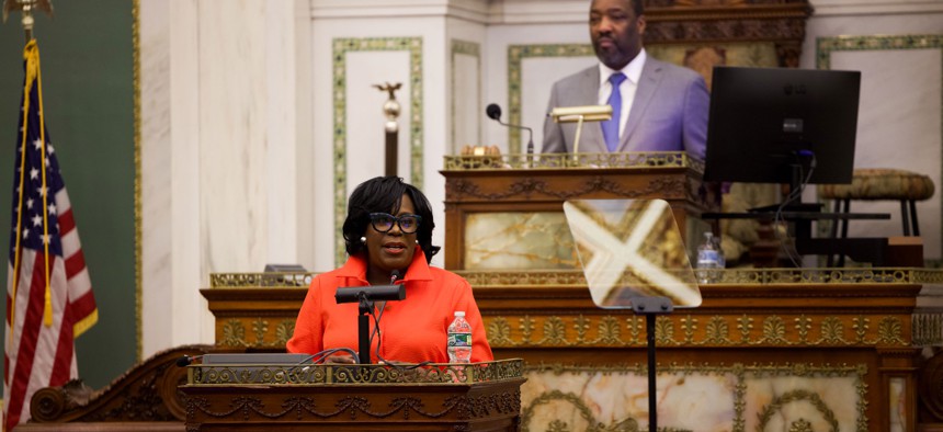 Philadelphia Mayor Cherelle Parker delivers her budget remarks to City Council on March 24, 2025 