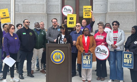 Keturah Johnson speaks at the rally against ICE's presence at PHL airport outside of Philadelphia City Hall on Thursday, March 26, 2026