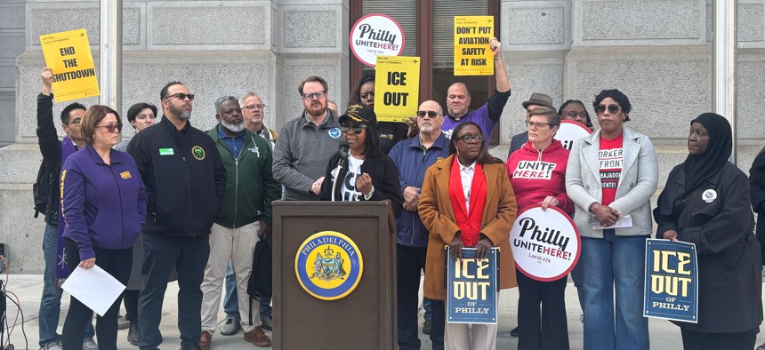 Keturah Johnson speaks at the rally against ICE's presence at PHL airport outside of Philadelphia City Hall on Thursday, March 26, 2026