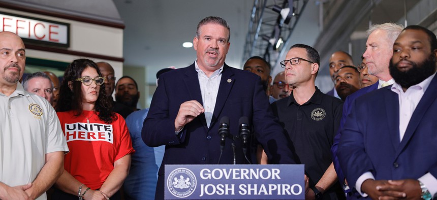 Scott Sauer speaks at a press conference regarding SEPTA’s state funding