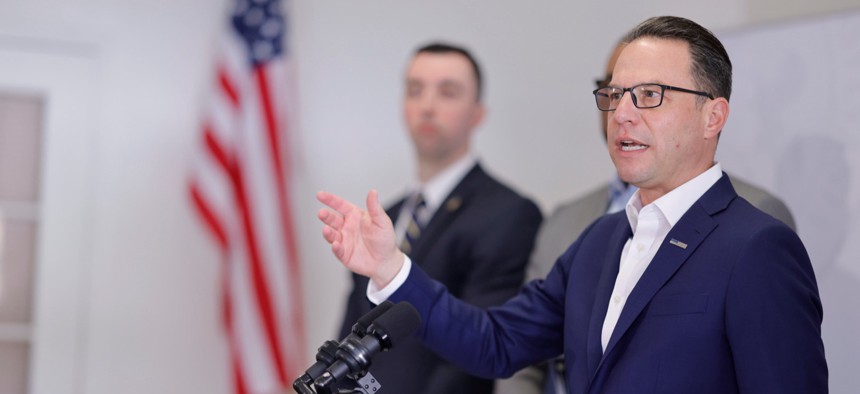 Gov. Josh Shapiro speaks at a press conference.