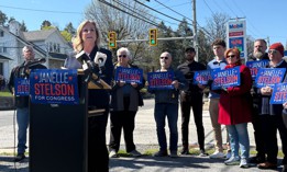 Democratic congressional candidate Janelle Stelson speaks about the high cost of gas and other goods during a press conference in Harrisburg