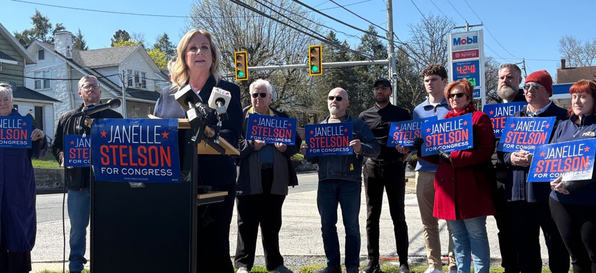 Democratic congressional candidate Janelle Stelson speaks about the high cost of gas and other goods during a press conference in Harrisburg