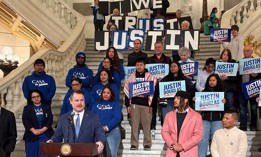 Justin Douglas speaks at a press conference in the Pennsylvania Capitol on April 7.