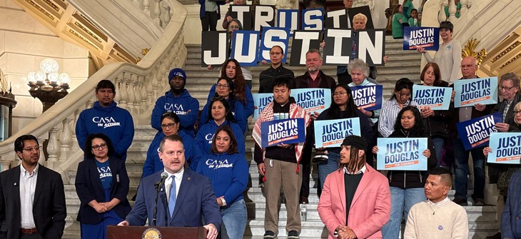 Justin Douglas speaks at a press conference in the Pennsylvania Capitol on April 7.