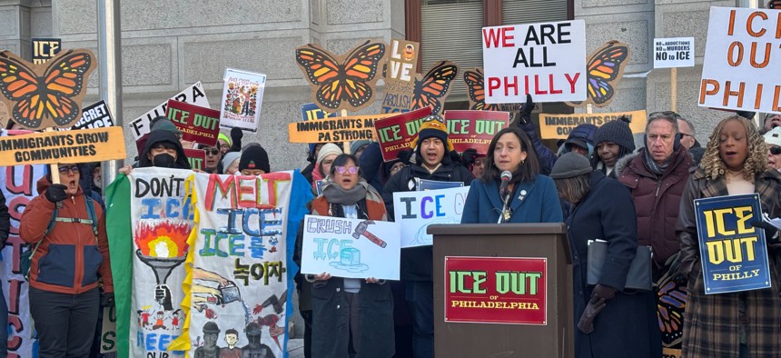 Philadelphia City Councilwoman Rue Landau introduced "ICE OUT" legislation at City Hall.