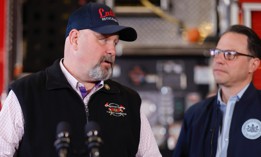 Bob Brooks, Democratic PA-7 candidate and president of the Pennsylvania Professional Fire Fighters Association, speaks during Gov. Josh Shapiro’s visit to the fire department Friday, April 18, 2025, in Bethlehem.