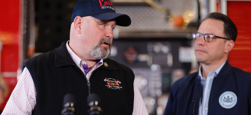 Bob Brooks, Democratic PA-7 candidate and president of the Pennsylvania Professional Fire Fighters Association, speaks during Gov. Josh Shapiro’s visit to the fire department Friday, April 18, 2025, in Bethlehem.