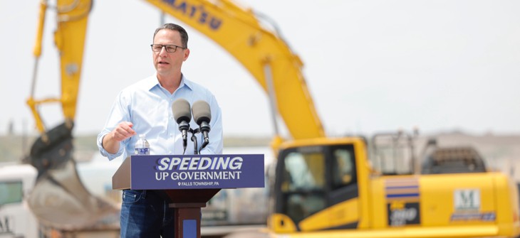Gov. Josh Shapiro speaks at the site of a future Amazon data center in Bucks County.