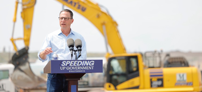Gov. Josh Shapiro speaks at the site of a future Amazon data center in Bucks County.
