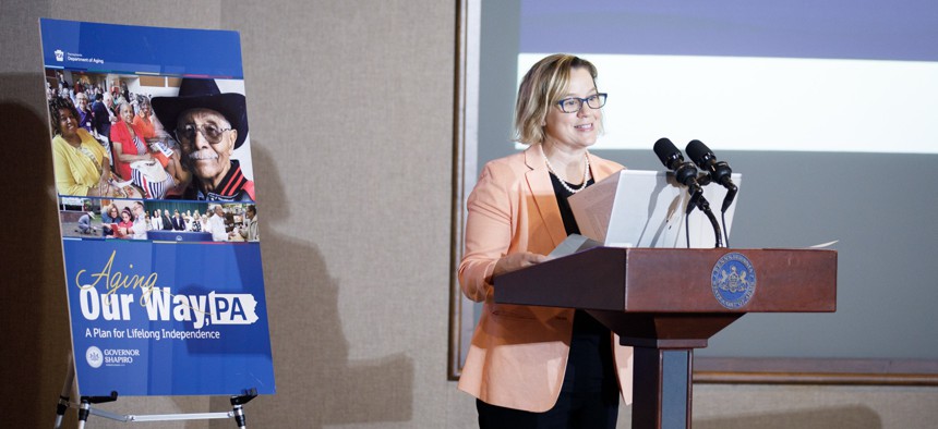 State Sen. Maria Collett speaks at an event in Fort Washington, Pennsylvania.