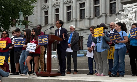 State Sen. Nikil Saval speaks at an “ICE OUT” press conference at the Pennsylvania Capitol