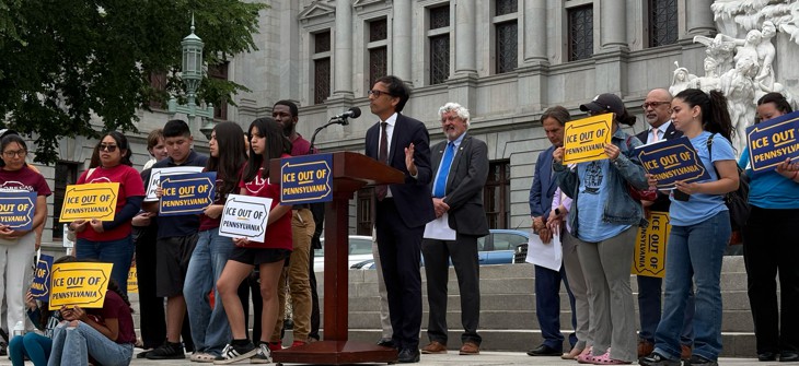State Sen. Nikil Saval speaks at an “ICE OUT” press conference at the Pennsylvania Capitol