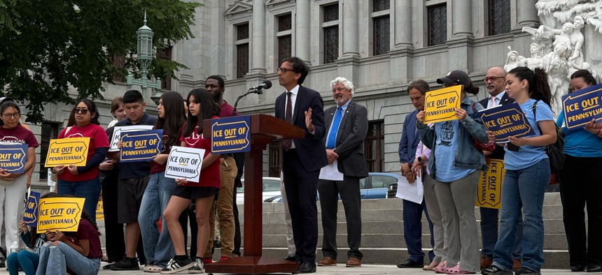 State Sen. Nikil Saval speaks at an “ICE OUT” press conference at the Pennsylvania Capitol
