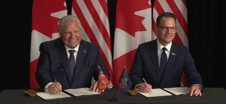 Ontario Premier Doug Ford and Pennsylvania Gov. Josh Shapiro sign a memorandum of understanding in Toronto on Wednesday