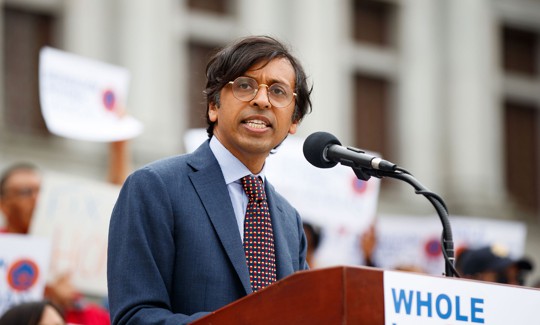 State Sen. Nikil Saval speaks at a Whole-Home Repairs rally 