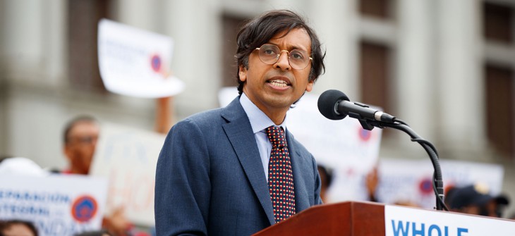 State Sen. Nikil Saval speaks at a Whole-Home Repairs rally 