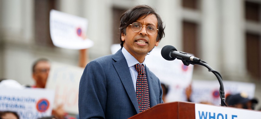 State Sen. Nikil Saval speaks at a Whole-Home Repairs rally