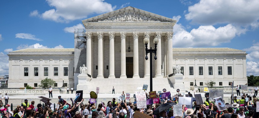 Abortion rights demonstrators rally to mark the first anniversary of the US Supreme Court ruling in the Dobbs v Women’s Health Organization case in Washington, D.C., on June 24, 2023.