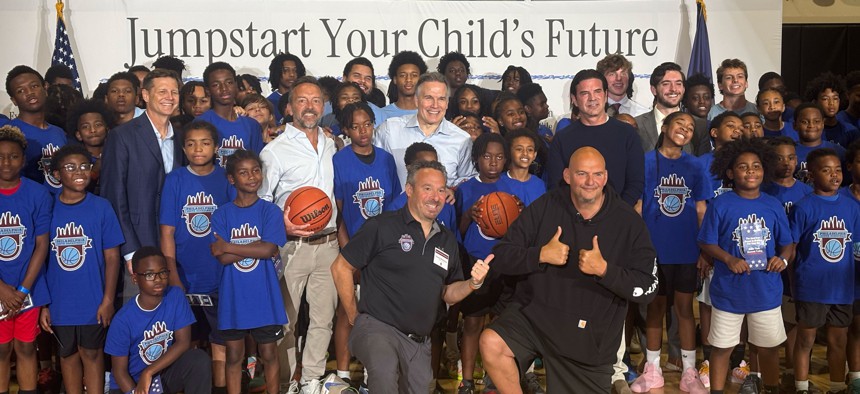 Dave McCormick, John Fetterman, Brad Gerstner and Kenny Holdsman meet with Philly Youth Basketball kids in Philadelphia on Monday