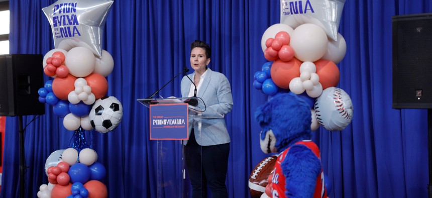 Anne Ryan speaks at a Visit PA pep rally in Philadelphia on March 31, 2026