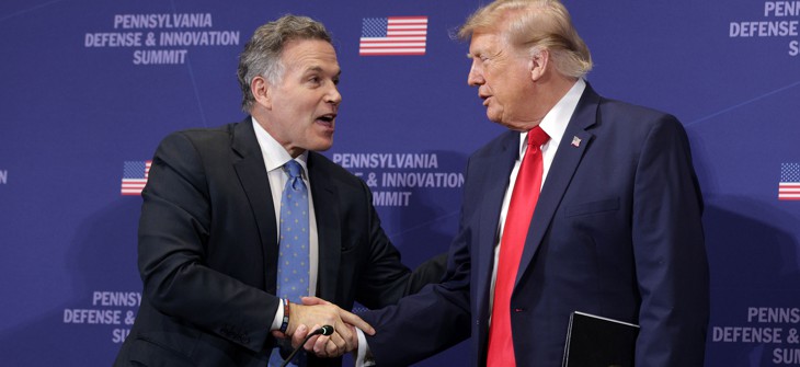 U.S. Sen. Dave McCormick speaks with President Donald Trump at the 2026 Pennsylvania Defense and Innovation Summit.